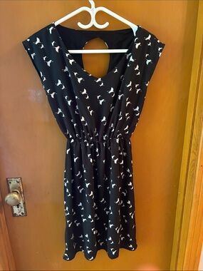 Black Midi Dress with White Bird Print and Keyhole Back